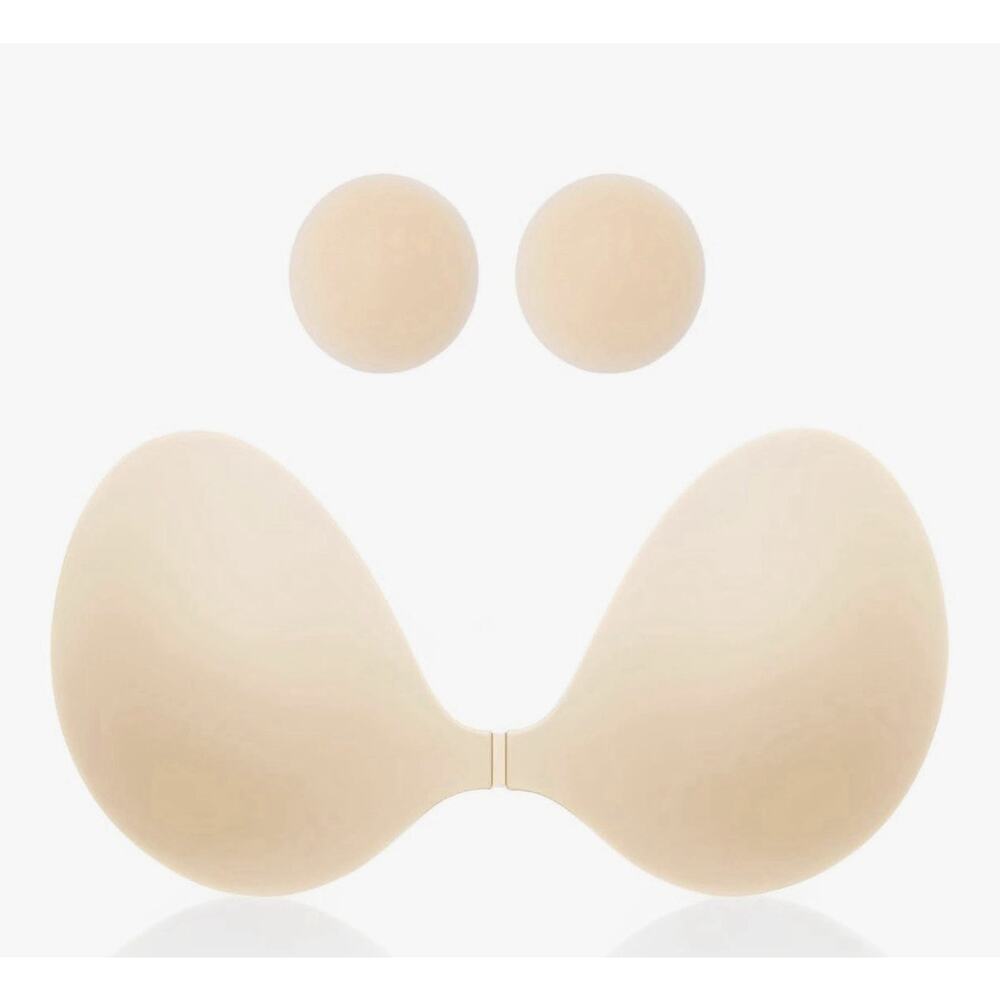 MITALOO Seamless Adhesive Bra Sticky Strapless With Nipple Cover D Cup Beige
